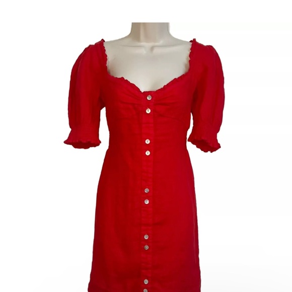 Zara Red Linen SS Shift Smocked Back Dress Women Sz L Decorative Front Button - Picture 13 of 13